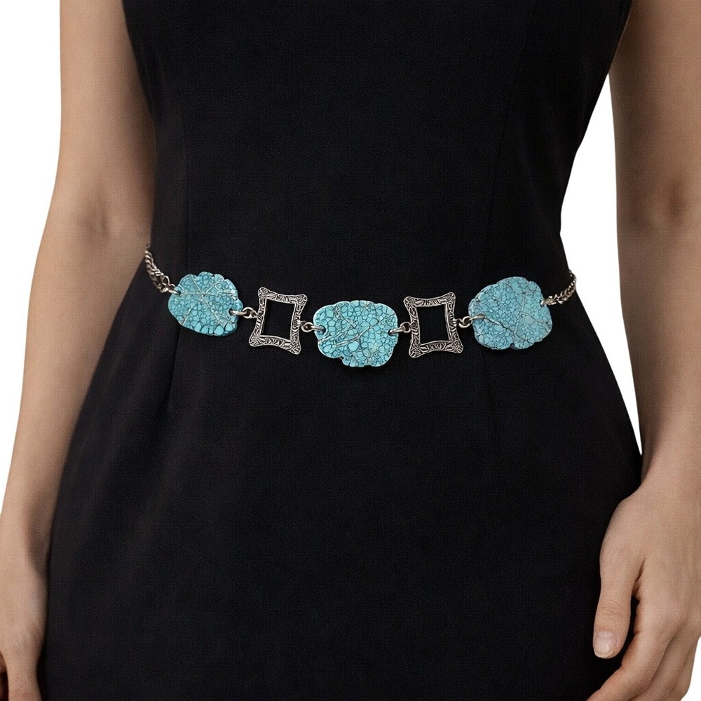 Silver Tone Adjustable Chain Wire Wrapped Faux Turquoise Chunky Belt